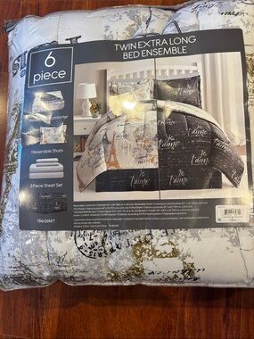 Paris Script Reversible Twin XL Bedding Set - Neutral Black & Cream